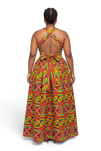 African Print Infinity Multiway Maxi Dress - Adjustable Slit - Purple Green Kente Royale