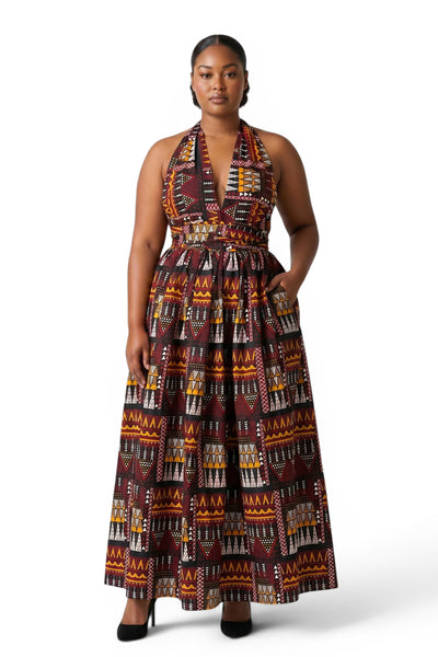 African Print Infinity Multiway Maxi Dress - Adjustable Slit - Brown Orange Earth Heritage