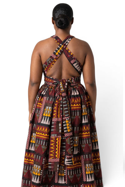 African Print Infinity Multiway Maxi Dress - Adjustable Slit - Brown Orange Earth Heritage