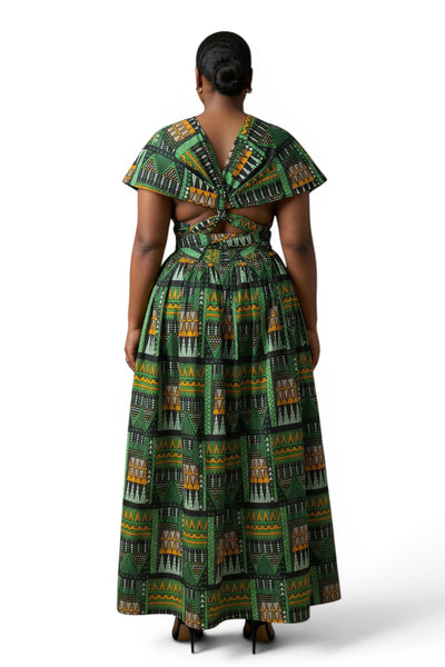 African Print Infinity Multiway Maxi Dress - Adjustable Slit - Green Emerald Spirit