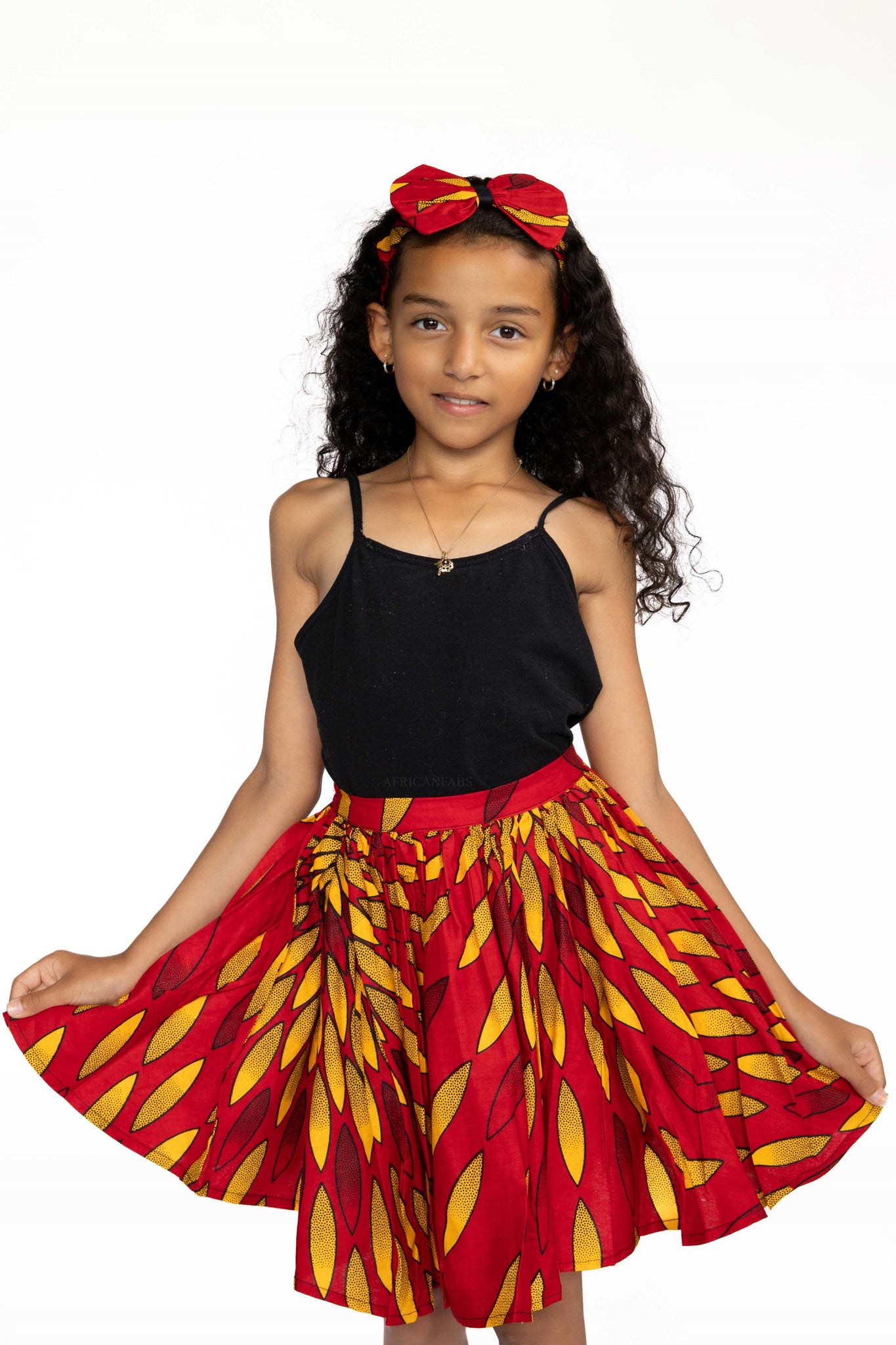 African print Kids Skirt + Headtie with Bow set - Red sunburst ( 1 - 10 years )