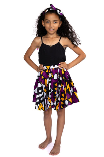African print Kids Skirt + Headtie with Bow set - Purple Samakaka ( 1 - 10 years )