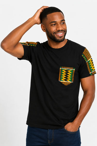 T-Shirt mit afrikanischem Druck - Grün Kente Zigzag Pocket