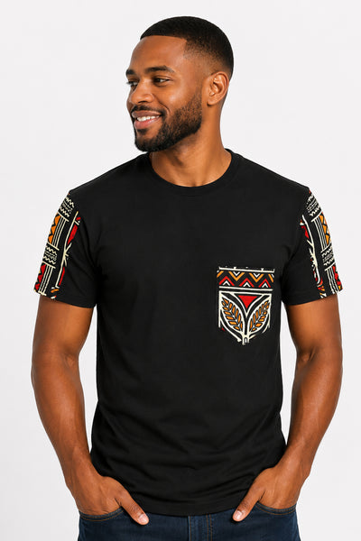 T-shirt with African print details - Red Bogolan Symbols Pocket