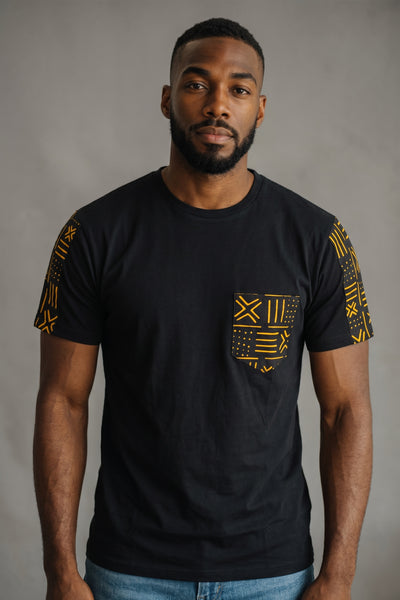 T-Shirt mit afrikanischem Druck - Gelb Bogolan und Brusttasche