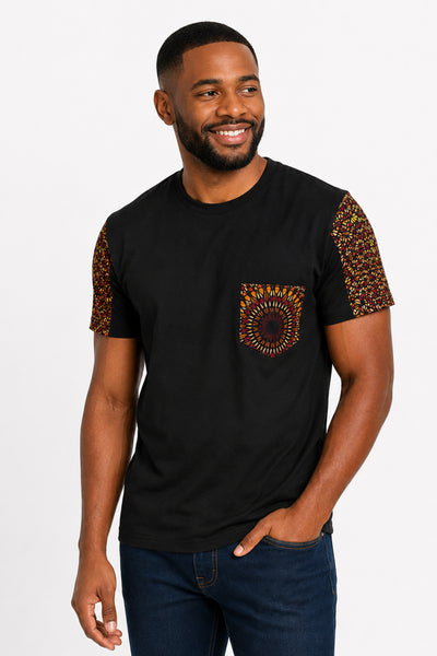 T-shirt avec détails imprimés africains - Marron Orange Savanna Sun Pocket