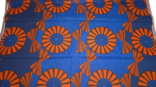 Tissu wax africain - Bleu Orange Sun Disc - 100% coton