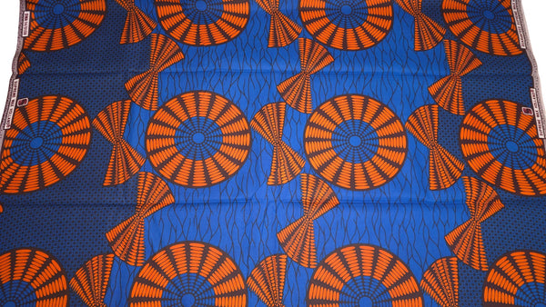 Tissu wax africain - Bleu Orange Sun Disc - 100% coton