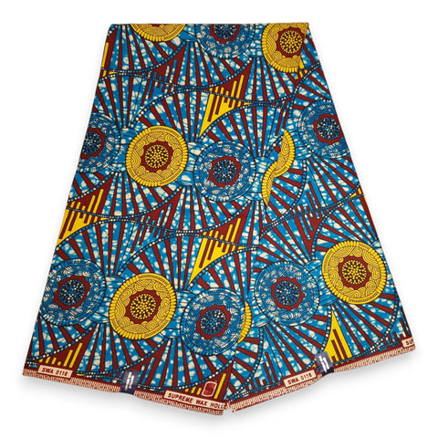 African Wax print fabric - Blue and Yellow Circle Rays - 100% cotton