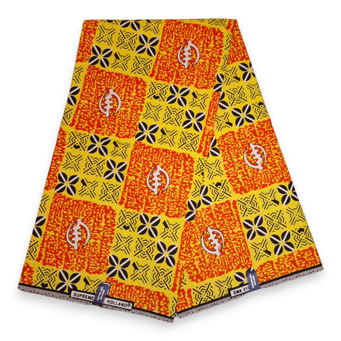 African Wax print fabric - Yellow and Orange Tribal Squares - 100% cotton