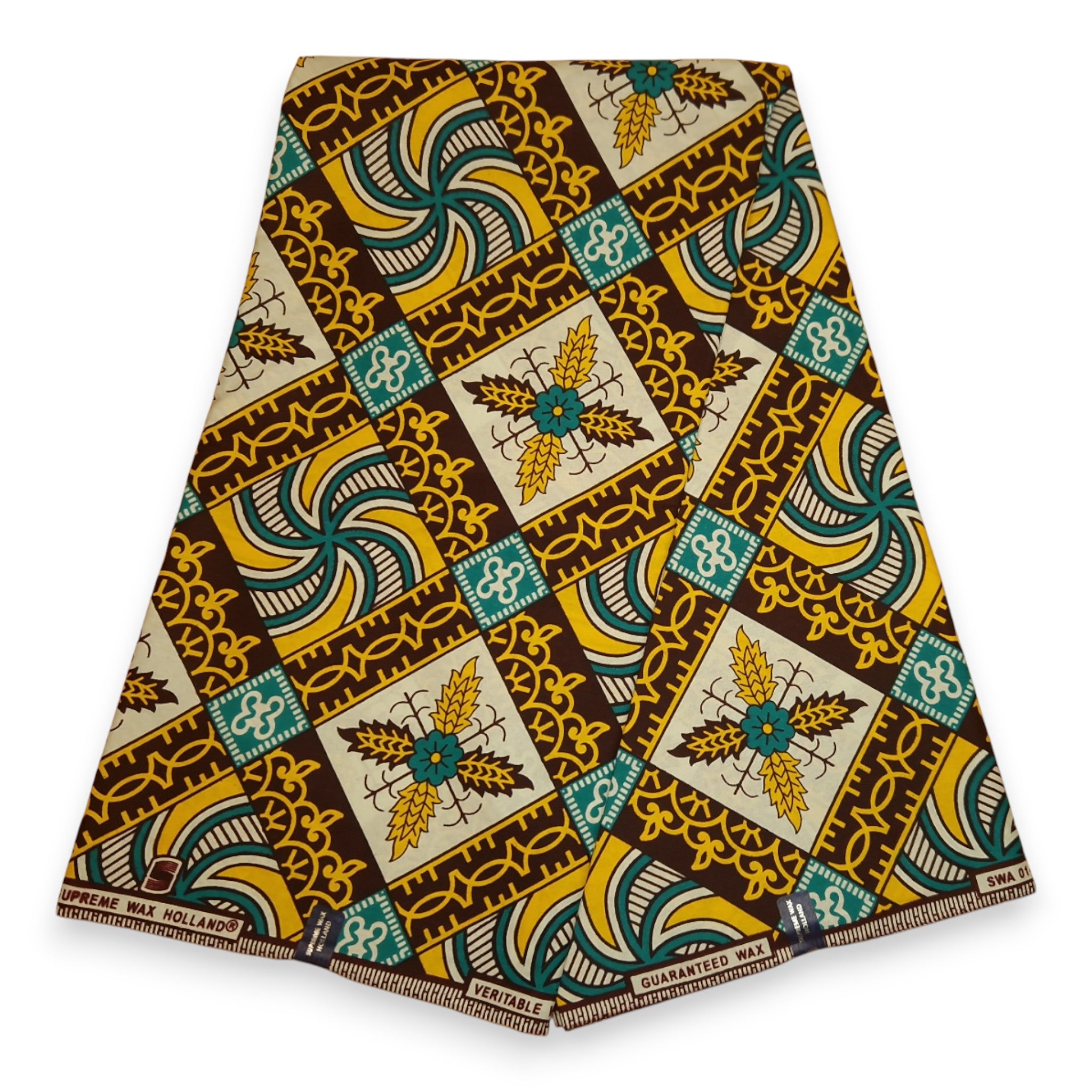 African Wax print fabric - Brown and Teal Ancient Tile Mosaic - 100% cotton