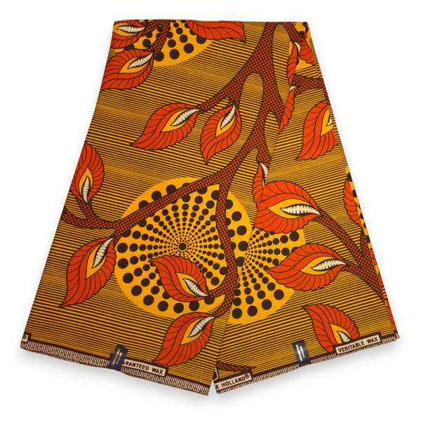 African Wax print fabric - Yellow Orange Radiant Leaf Orbit - 100% cotton