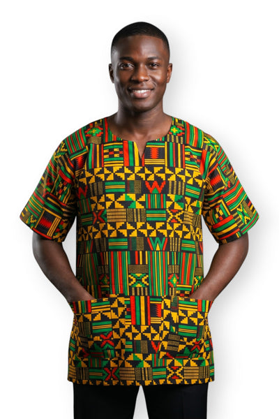 Tissu wax africain - Noir Vert Kente Print Ghana - 100% coton