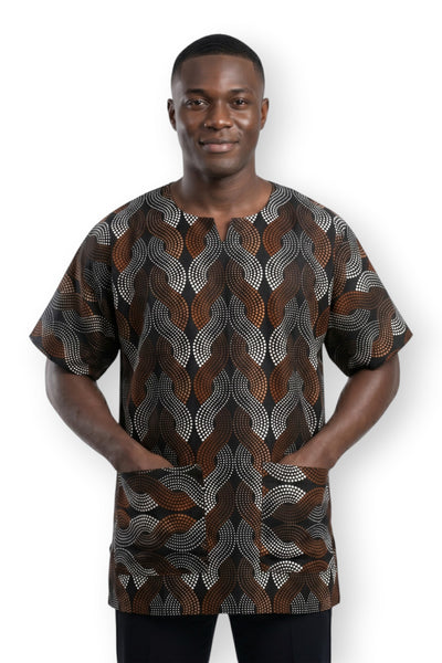 Brown White Wave Pattern Dashiki Shirt / Dashiki Dress - African print top - Unisex