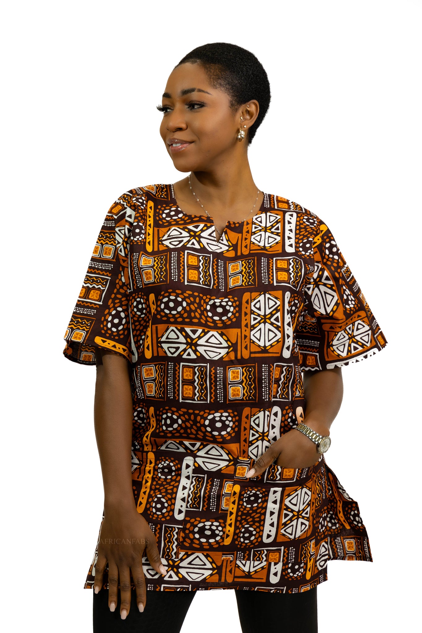 Brown Patterns Bogolan Dashiki Shirt / Dashiki Dress - African print top