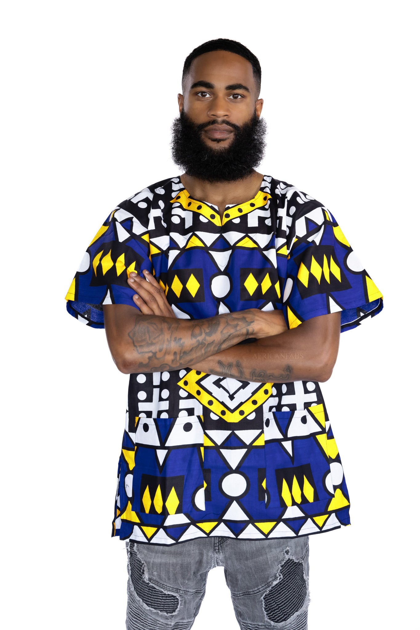 Chemise dashiki / Robe dashiki - Bleu Jaune Samakaka - Top imprimé africain - Unisexe