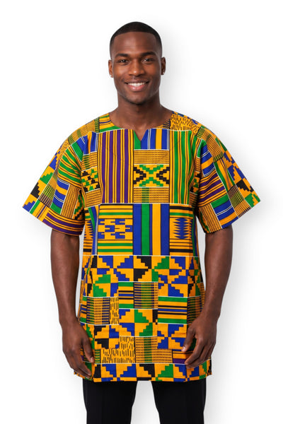 Chemise dashiki / Robe dashiki - Jaune Bleu Kente Blocks - Top imprimé africain - Unisexe
