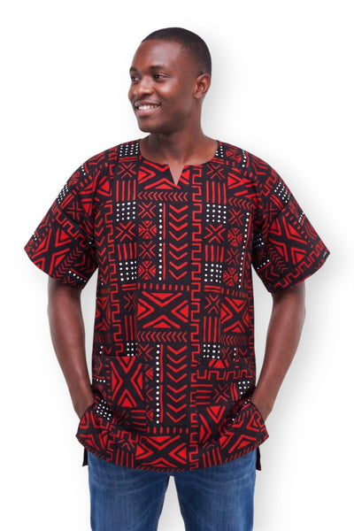Chemise dashiki / Robe dashiki - Rouge Noir Bogolan Symbols - Top imprimé africain - Unisexe