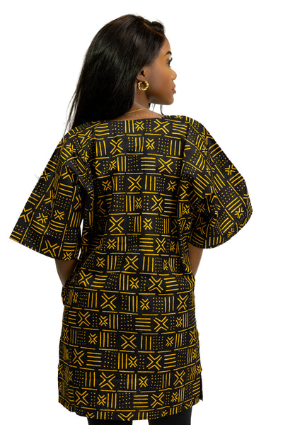 Chemise dashiki / Robe dashiki - Noir / Jaune X Bogolan - Top imprimé africain - Unisexe