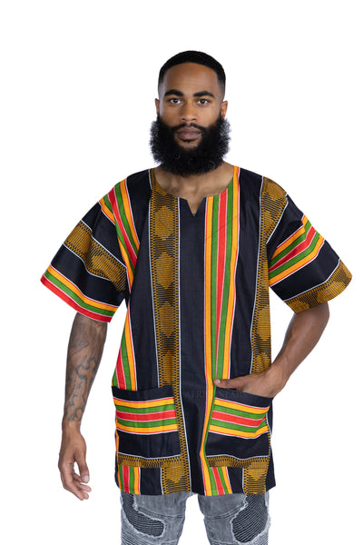 Schwarz Pan African kente  Dashiki Shirt / Dashiki Kleid - Blau Diamonds - Afrikanisches Top - Unisex