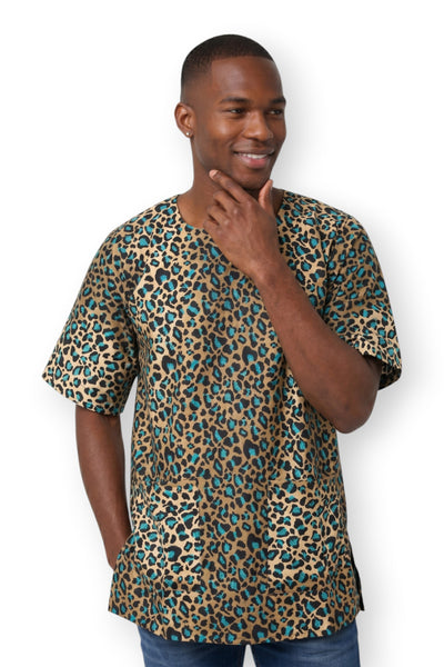Beige Turquoise Leopard Spots Dashiki Shirt / Dashiki Dress - African print top - Unisex