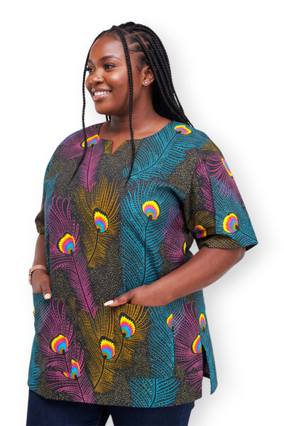 Chemise dashiki / Robe dashiki - Rose Bleu Peacock Feather - Top imprimé africain - Unisexe