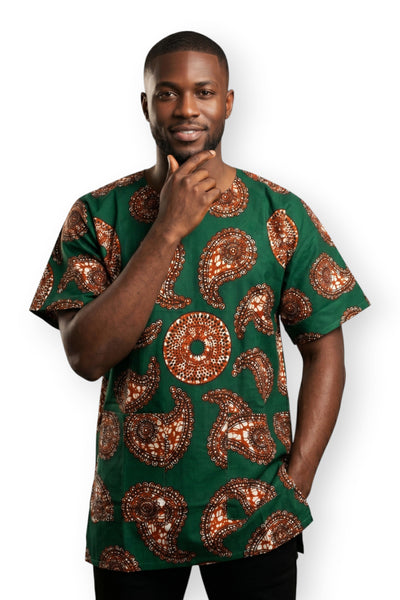 Green Brown Paisley Sun Dashiki Shirt / Dashiki Dress - African print top - Unisex