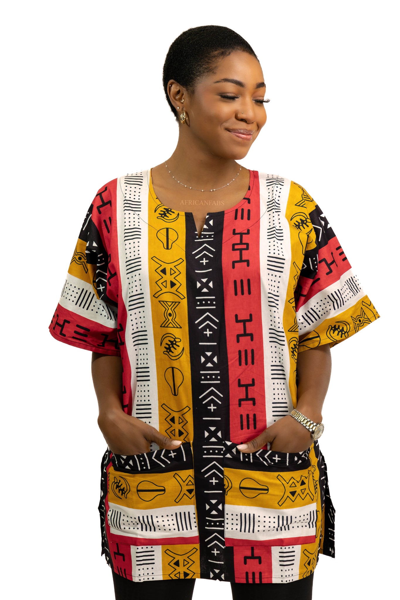 Dashiki Shirt / Dashiki Kleid - Rot Bogolan Symbols  - Afrikanisches Top - Unisex