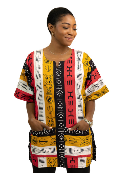 Chemise dashiki / Robe dashiki - Rouge Bogolan Symbols - Top imprimé africain - Unisexe