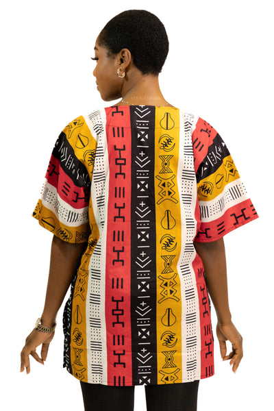 Red Bogolan Symbols Dashiki Shirt / Dashiki Dress - African print top