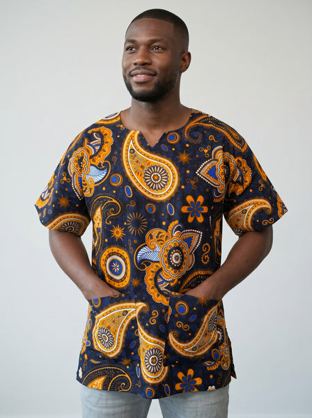 Dashiki Shirt / Dashiki Kleid - Marineblau Gelb Paisley - Afrikanisches Top - Unisex