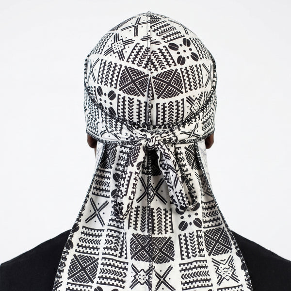 Durag / Du-rag / Do-rag / Bandana - Unisex - White and Black Bogolan