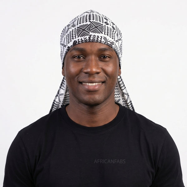 Durag / Du-rag / Do-rag / Bandana - Unisex - White and Black Bogolan