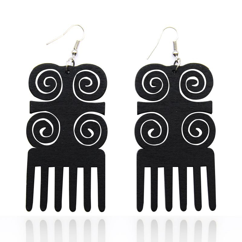 African Print Earrings | Black comb wooden earrings