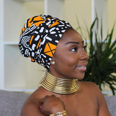 Easy headwrap / einfaches Kopftuch - Satinfutter - Schwarz / orange Amaka