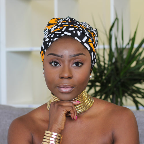 Easy headwrap / einfaches Kopftuch - Satinfutter - Schwarz / orange Amaka