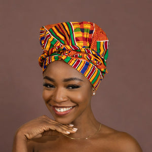 Turban facile - Bonnet en satin - Kente Orange / bleu / rouge