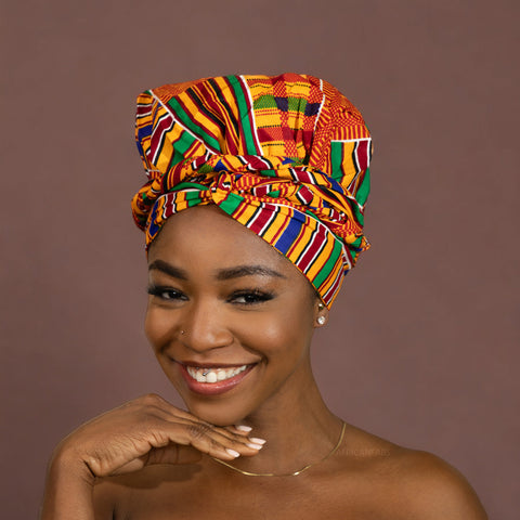 Easy headwrap - Satin lined hair bonnet - Kente Orange / blue / red