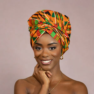 Easy headwrap - Satin lined hair bonnet - Kente Orange / green