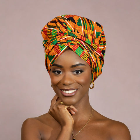 Turban facile - Bonnet en satin - Kente Orange / vert