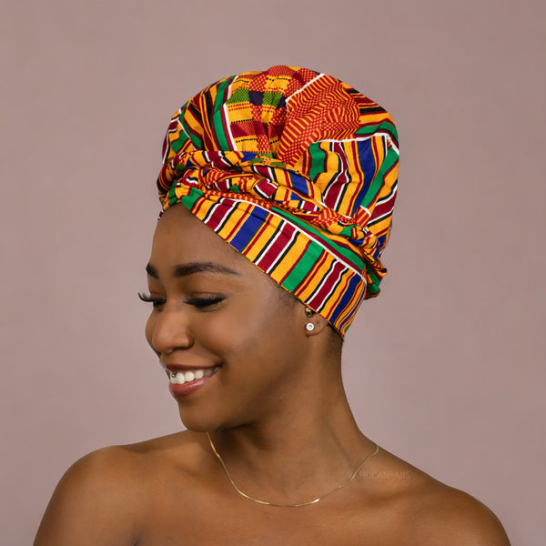 Easy headwrap / einfaches Kopftuch - Satinfutter - Kente Orange / Blau / Rot