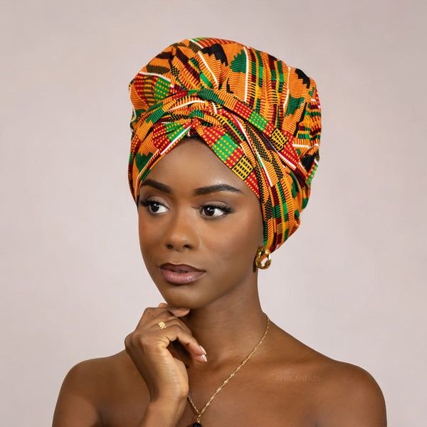 Easy headwrap / einfaches Kopftuch - Satinfutter - Kente Orange / Grün