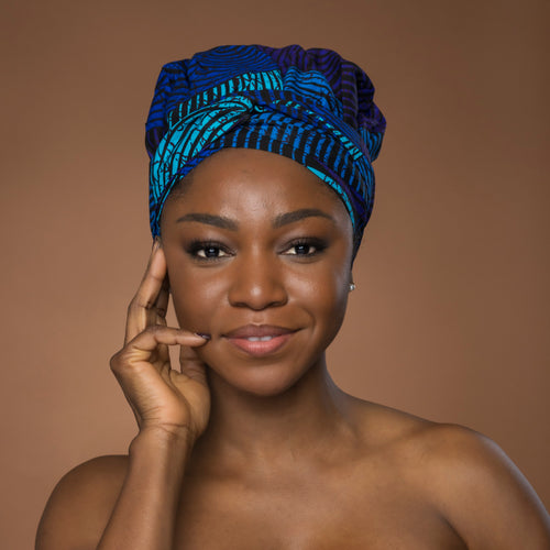 Easy headwrap / einfaches Kopftuch - Satinfutter -  Blau & Türkis Concentric