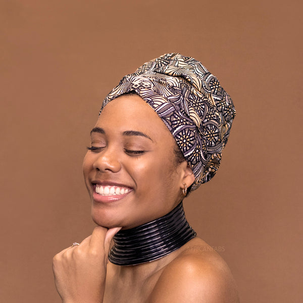 Easy headwrap - Satin lined hair bonnet - Black / Beige Starflower