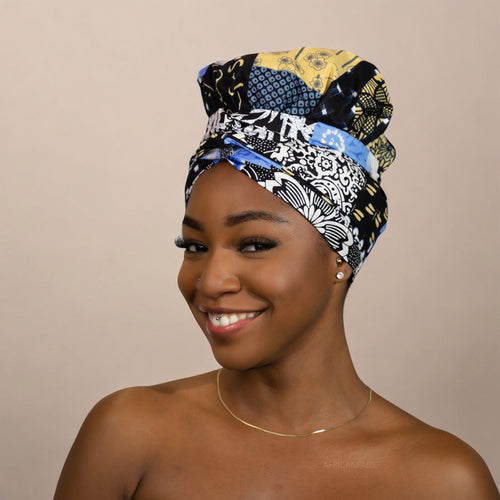 Easy headwrap - Satin lined hair bonnet - Blue / beige