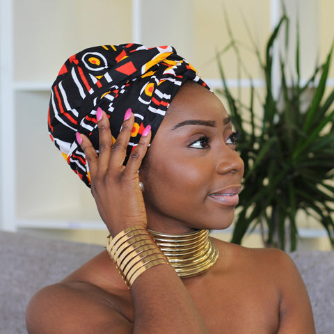 Turban facile - Bonnet en satin - Noir / rouge Adaobi