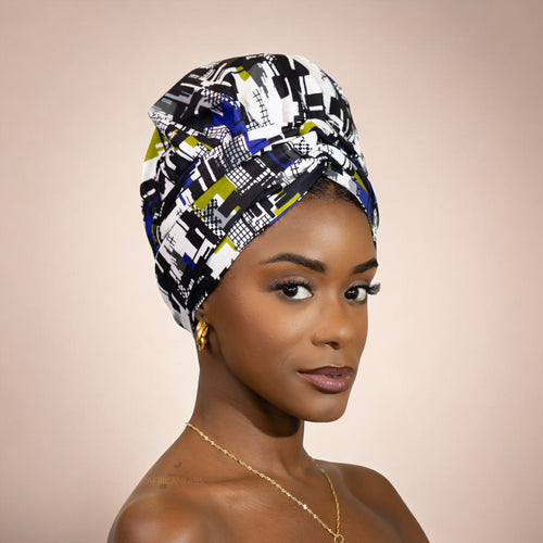 Easy headwrap - Satin lined hair bonnet - Blue / white