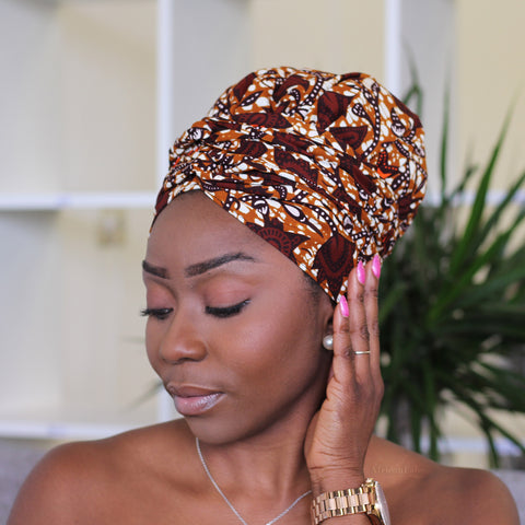 Turban facile - Bonnet en satin - Marron / orange leaf trails