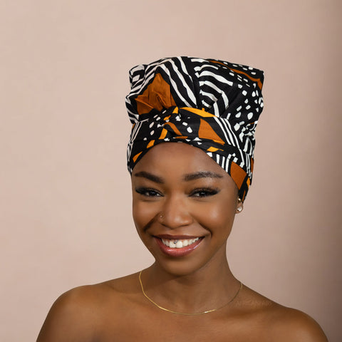 Turban facile - Bonnet en satin -  Noir / orange