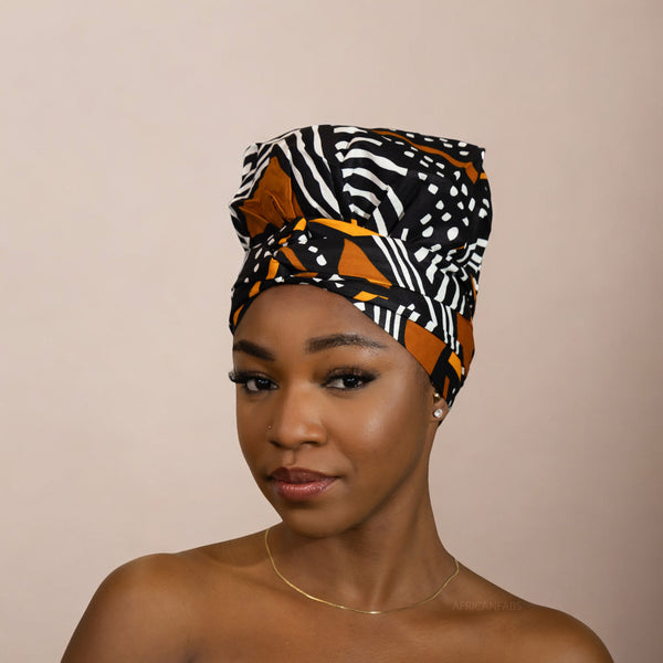 Easy headwrap - Satin lined hair bonnet - Black / orange Bogolan